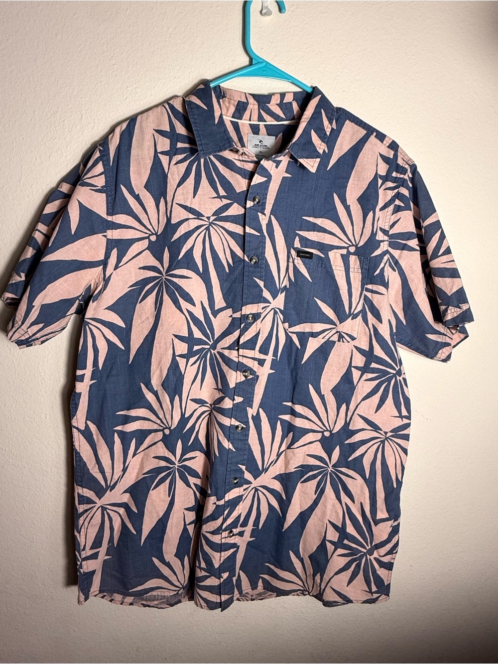 Rip Curl Navy & Blush Tropical Button-Up Shirt Men’s XL Cotton Beach Casual
